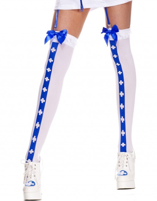 Bas sexy blanc avec bande bleu croix nfirmière et noeuds satinés - MH4780WBL Bas sexy blanc avec bande bleu croix nfirmière et noeuds satinés - MH4780WBL