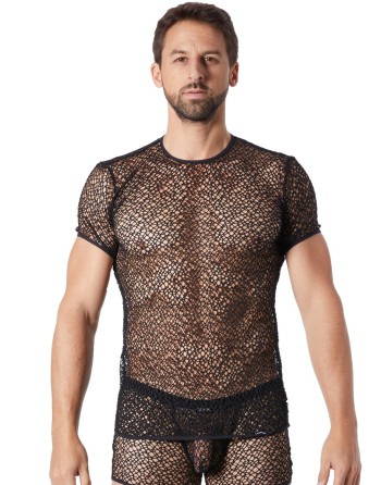 T-shirt noir sexy filet irrégulier fétichiste