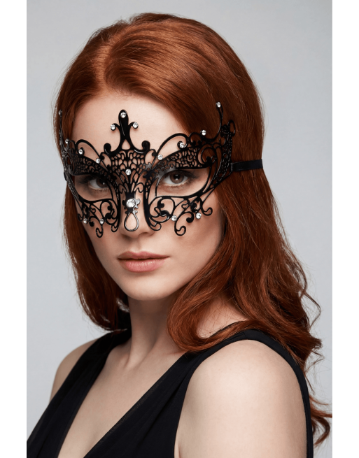 Masque vénitien Lucia rigide noir  avec strass  - HMJ-030BK
