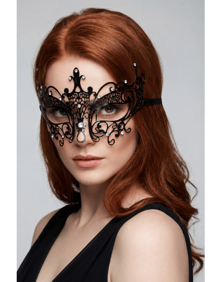 Masque vénitien Lucia rigide noir  avec strass  - HMJ-030BK