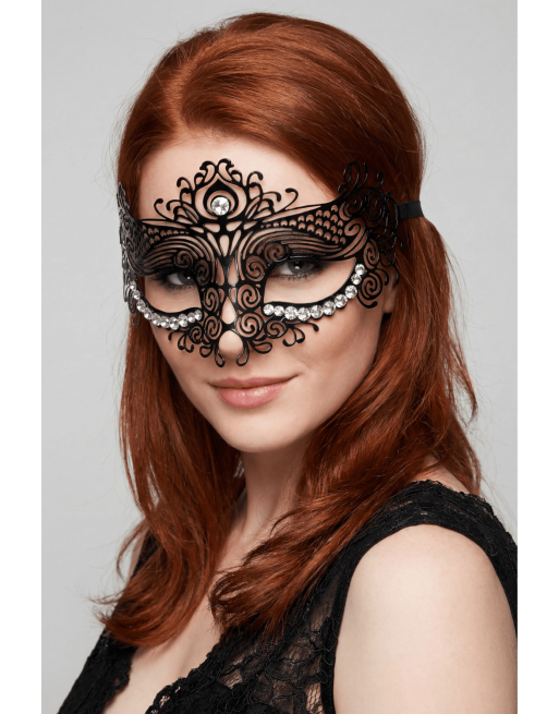 Masque vénitien Ornella rigide noir avec strass  - HMJ-031BK