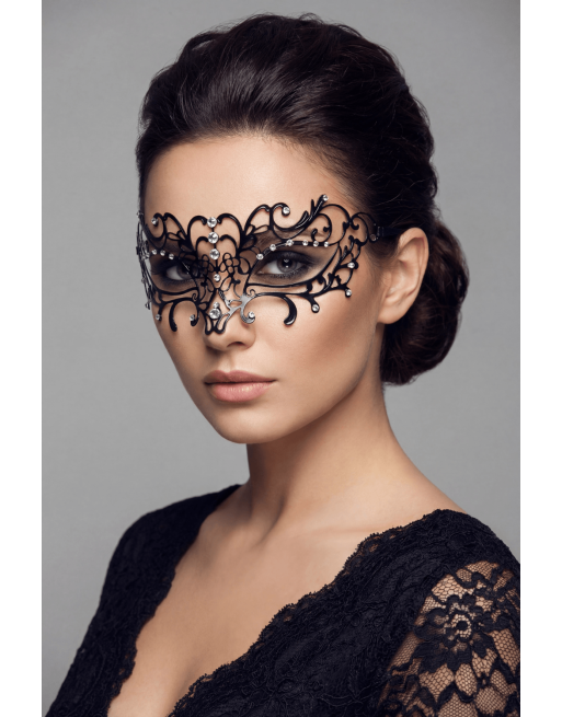 Masque vénitien Elena rigide noir  avec strass  - HMJ-003BK