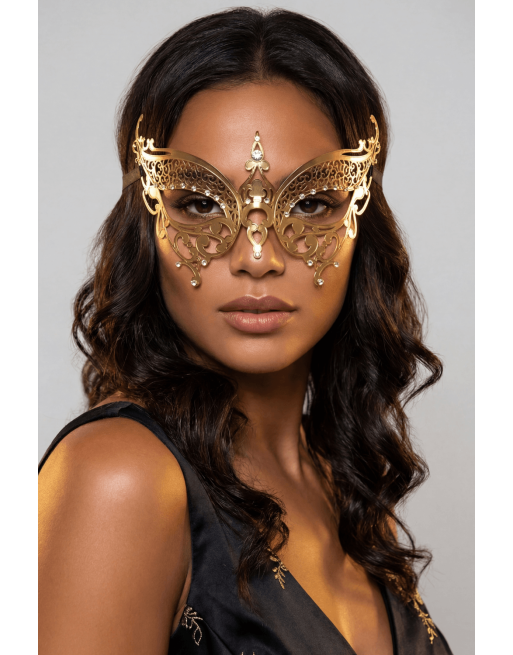 Masque vénitien Alida rigide doré avec strass - HMJ-026B
