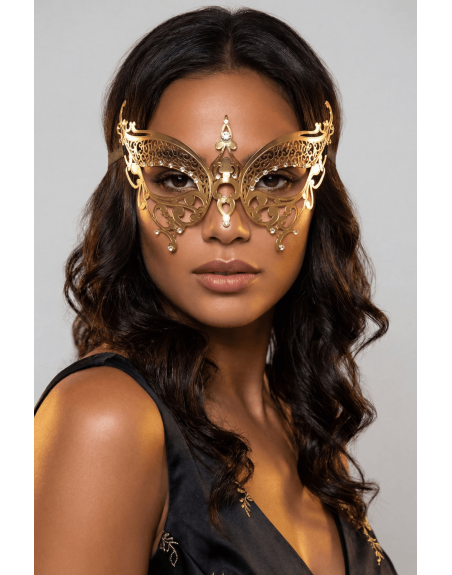 Masque vénitien Alida rigide doré avec strass - HMJ-026B