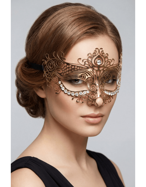 Masque vénitien Ornella rigide doré avec strass - HMJ-031B