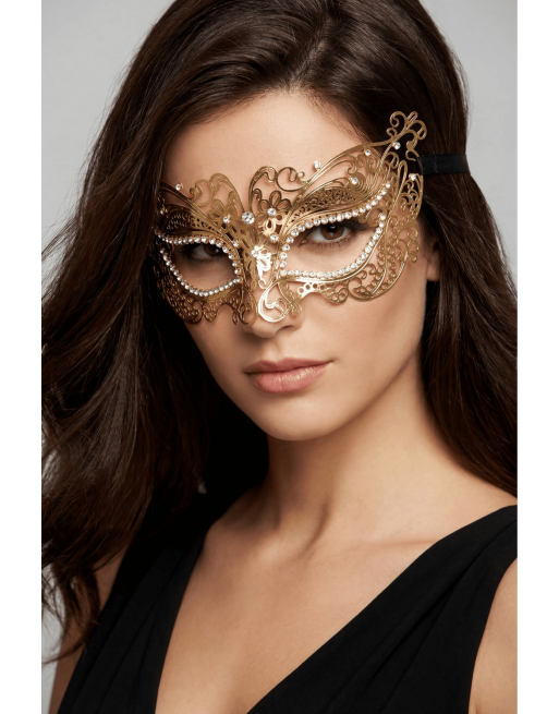 Masque vénitien Alba rigide doré avec strass - HMJ-039B