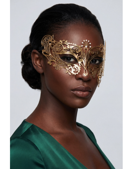 Masque vénitien Bianca rigide doré avec strass - HMJ-047B