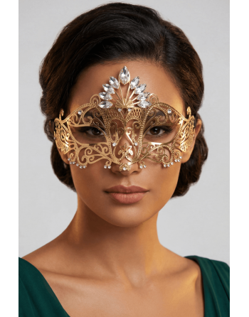 Masque vénitien Gemma rigide doré avec strass - HMJ-055B