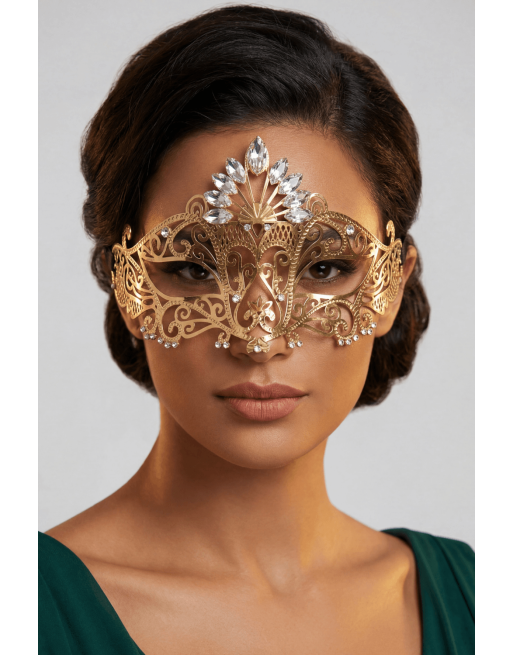Masque vénitien Gemma rigide doré avec strass - HMJ-055B