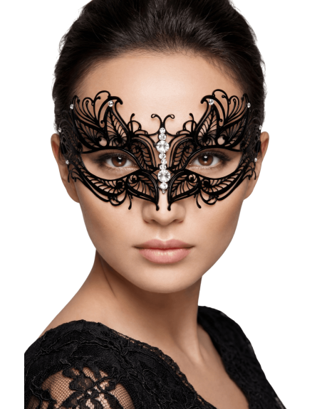 Masque vénitien Greta rigide noir avec strass  -  HMJ-005BK