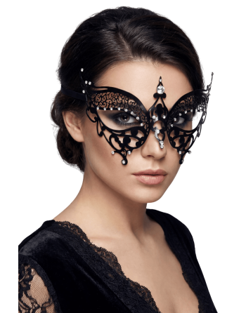 Masque vénitien Alida rigide noir avec strass  -  HMJ-026BK