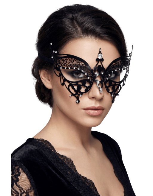 Masque vénitien Alida rigide noir avec strass  -  HMJ-026BK
