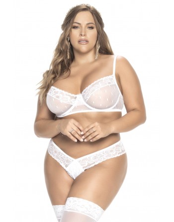 Ensemble grande taille trois pièces en fine résille et dentelle blanche - MAL8672XWHT