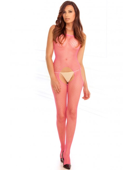 Bodystocking rose filet ouvert devant et derrière - REN7002-PNK