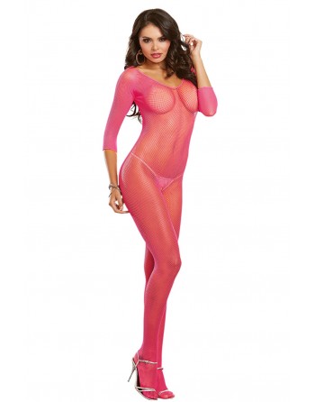 Bodystocking rose fluo résille ouvert à l'entre-jambes - DG0015HPK