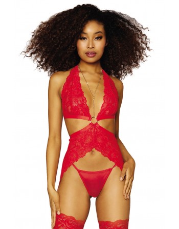 Nuisette en dentelle avec jarretelles latérales, chainettes dorées amovibles et string assorti rouge - DG12708RED