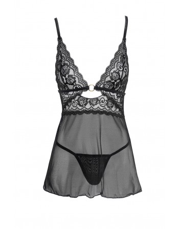 Nuisette noire en dentelle et résille transparente avec string - R2741334