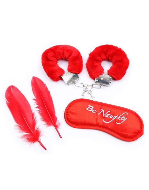 Kit coquin 4 pièces : Menottes, 2 plumes et masque rouge 