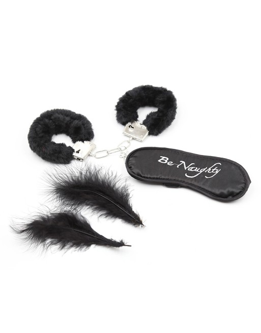 Kit coquin 4 pièces : Menottes, 1 plume et masque