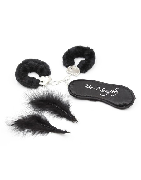 Kit coquin 4 pièces : Menottes, 1 plume et masque