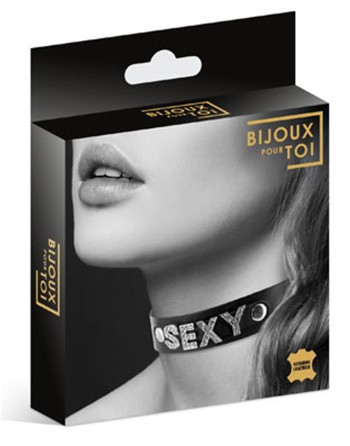 Collier en cuir noir SM avec Sexy en strass 
