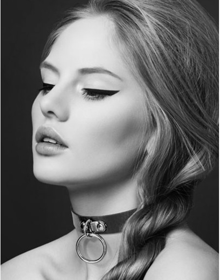 Collier en cuir noir SM avec anneau métal argenté pour laisse 