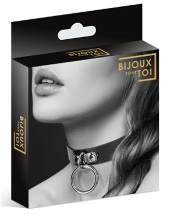 Collier en cuir noir SM avec anneau métal argenté pour laisse 