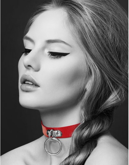 Collier en cuir rouge SM avec anneau métal argenté pour laisse 