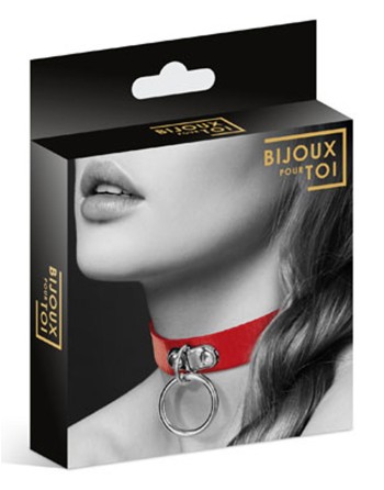 Collier en cuir rouge SM avec anneau métal argenté pour laisse 