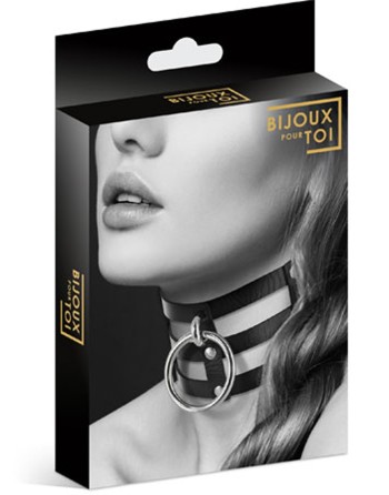 Collier en cuir noir SM triple lanière avec anneau métal argenté 