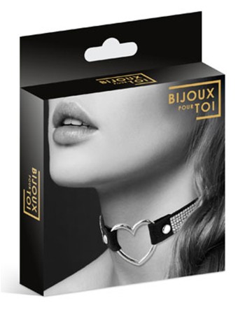 Collier en cuir noir SM avec bande de strass et coeur métal argenté 