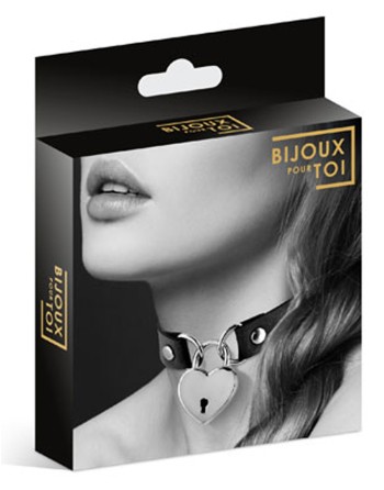 Collier en cuir noir SM avec pendentif cadenas coeur argenté 