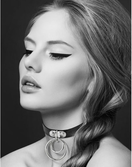Collier en cuir noir SM avec double anneau métal argenté pour laisse 
