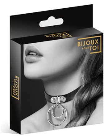 Collier en cuir noir SM avec double anneau métal argenté pour laisse 