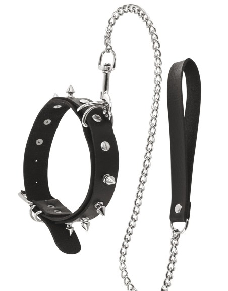Collier fétichiste avec anneaux pointes et laisse métallique 