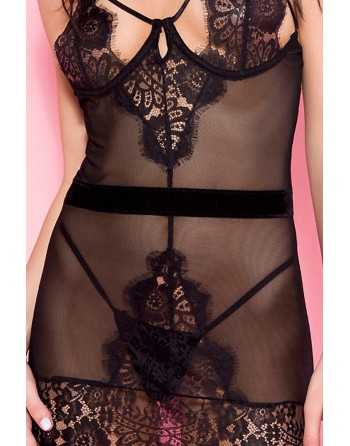 Nuisette noire tulle dentelle poitrine dénudée ornements - ML60081BLK