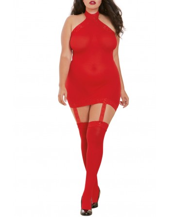 Bodystocking rouge grande taille effet guêpière avec dentelle - DG0035XRED