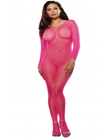 Bodystocking rose fluo résille grande taille ouvert à l'entre-jambes - DG0015XHPK