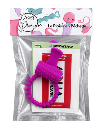 Anneau violet vibrant silicone avec langue picot Pocket Pleasure  1 dosette de lubrifiant