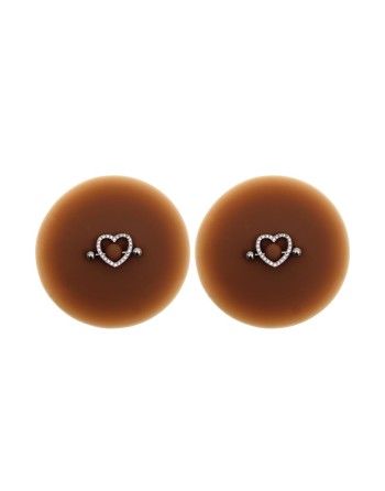 Paire de cache-tétons piercing barre coeur faux diamant peau foncée 