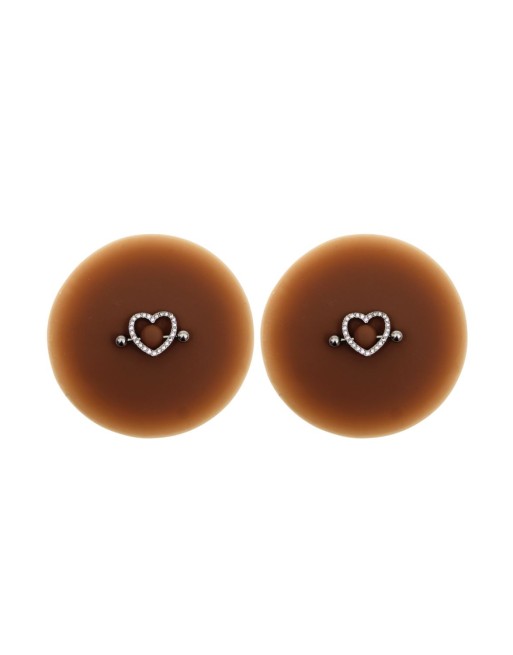 Paire de cache-tétons piercing barre coeur faux diamant peau foncée 