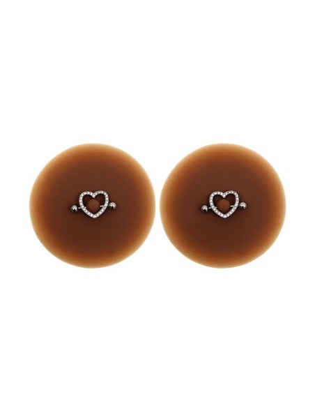 Paire de cache-tétons piercing barre coeur faux diamant peau foncée 