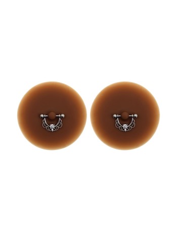 Paire de cache-tétons piercing barre demi-anneau faux diamant peau foncée 