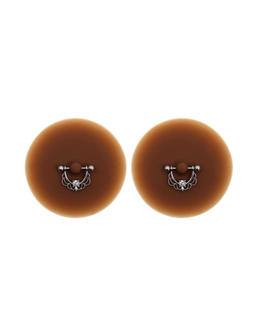 Paire de cache-tétons piercing barre demi-anneau faux diamant peau foncée 