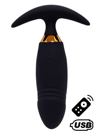 PEACH, Plug Vibrant noir long USB avec télécommande, dans un silicone médical doux et lisse