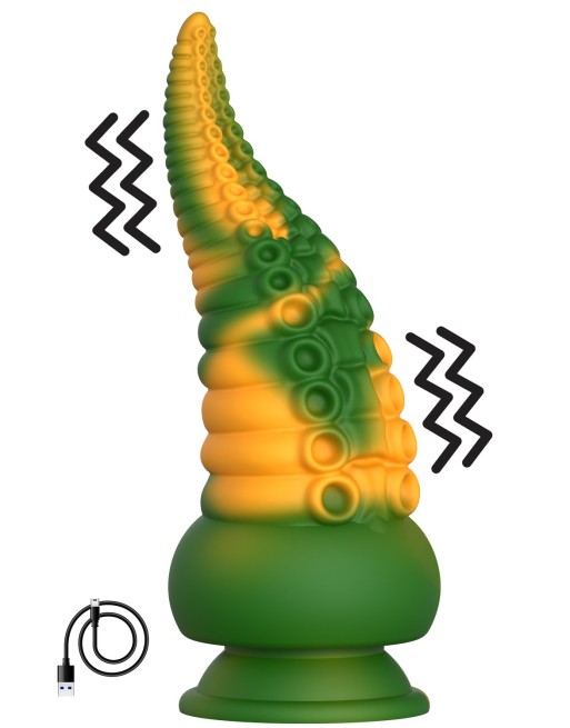 Gode ventouse tentacule Kraken vibrant 21 cm vert et jaune USB 