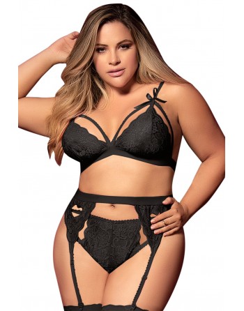 Ensemble 3 pièces noir grande taille  soutien-gorge string porte-jarretelles - MAL8221XBLK