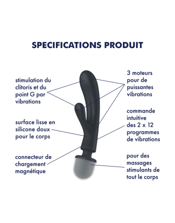 2 en 1 Vibromasseur rabbit et wand noir USB Triple Lover Satisfyer 