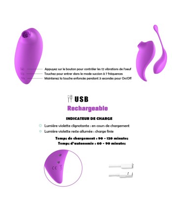 2en1 Stimulateur clitoridien à picots par aspiration avec son œuf vibrant à distance violet