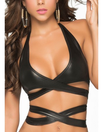 Top court noir wetlook sexy décolleté avec lanières 